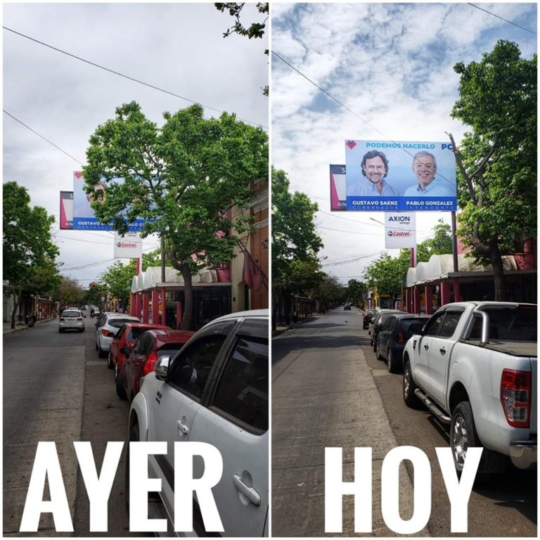 Poda con precisión quirúrgica | Cortan árboles que obstruían el cartel del candidato de Sáenz en Orán